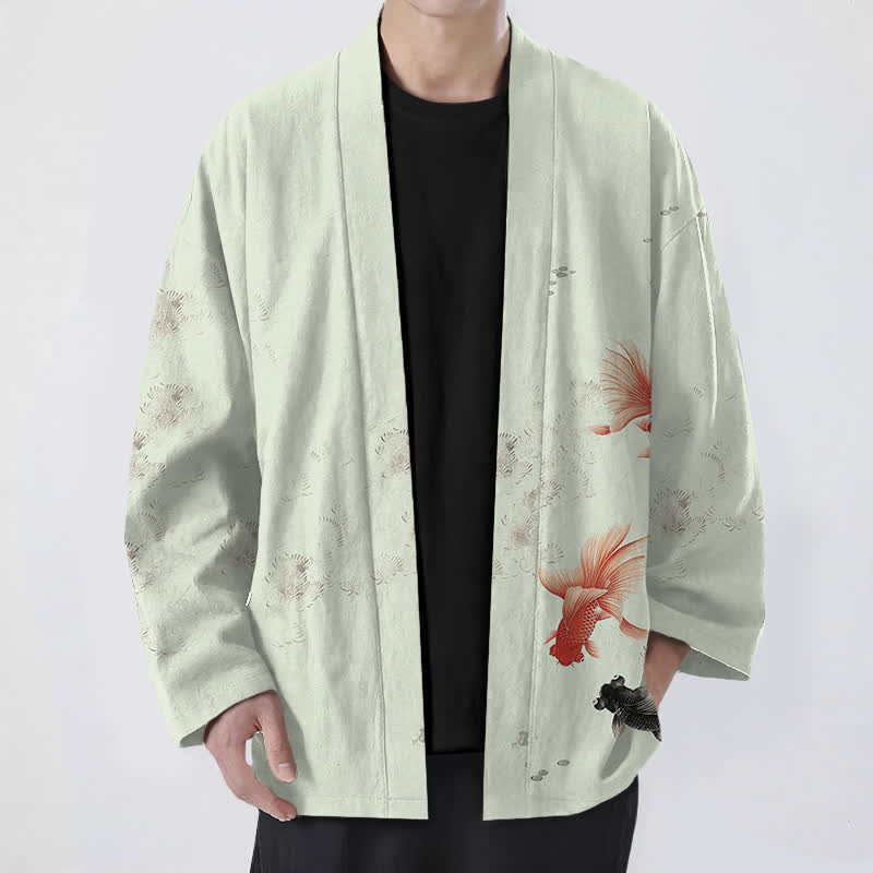 Buddha Stones Cotton Koi Fish Flowing Waves Pattern Open Front Men's Kimono - MintCream - US/UK/AU48,EU58 (4XL) - image 9