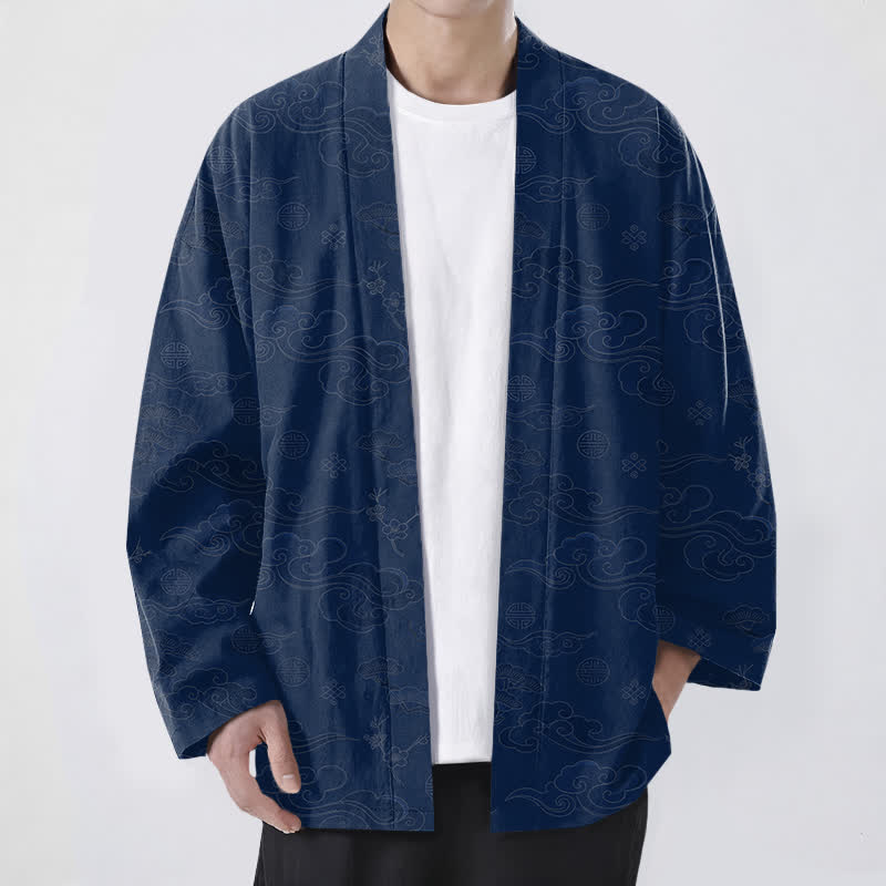 Buddha Stones Cotton Auspicious Clouds Pattern Open Front Men's Kimono - Navy - US/UK/AU48,EU58 (4XL) - image 0