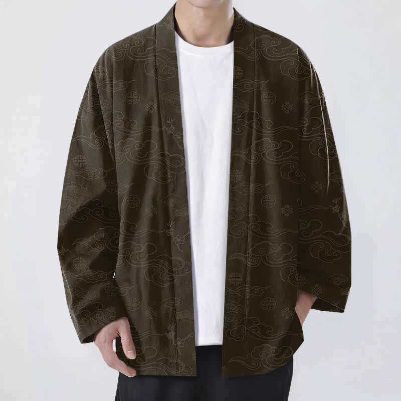 Buddha Stones Cotton Auspicious Clouds Pattern Open Front Men's Kimono - DarkOliveGreen - US/UK/AU48,EU58 (4XL) - image 6