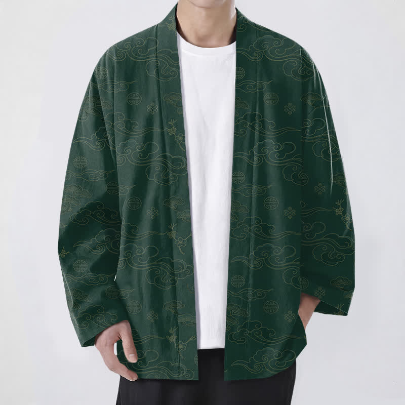 Buddha Stones Cotton Auspicious Clouds Pattern Open Front Men's Kimono - ForestGreen - US/UK/AU48,EU58 (4XL) - image 9