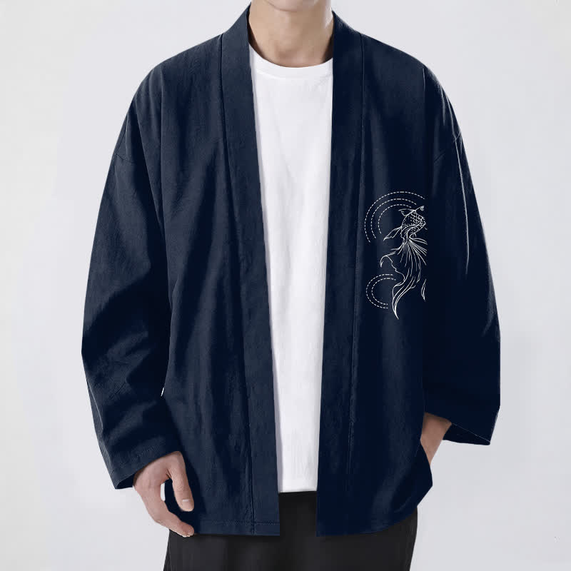 Buddha Stones Cotton White Koi Fish Wave Pattern Open Front Men's Kimono - Navy - US/UK/AU48,EU58 (4XL) - image 0