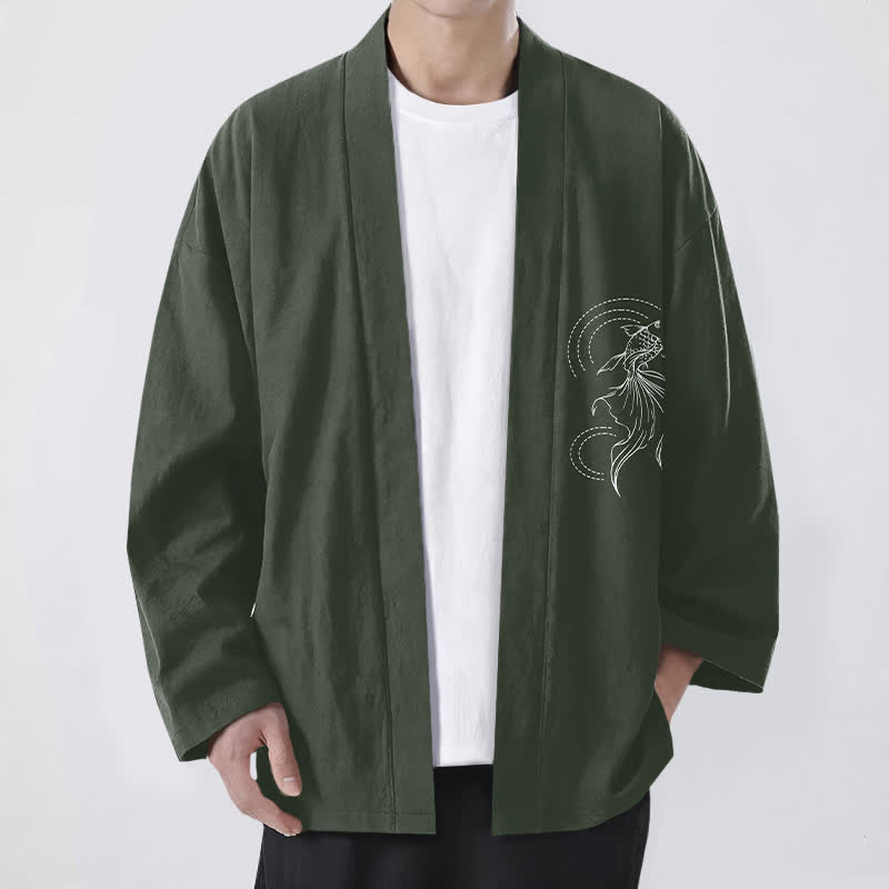 Buddha Stones Cotton White Koi Fish Wave Pattern Open Front Men's Kimono - DarkGreen - US/UK/AU48,EU58 (4XL) - image 6