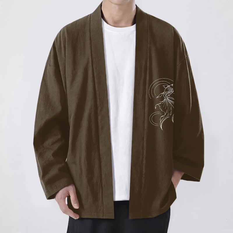 Buddha Stones Cotton White Koi Fish Wave Pattern Open Front Men's Kimono - SaddleBrown - US/UK/AU48,EU58 (4XL) - image 9