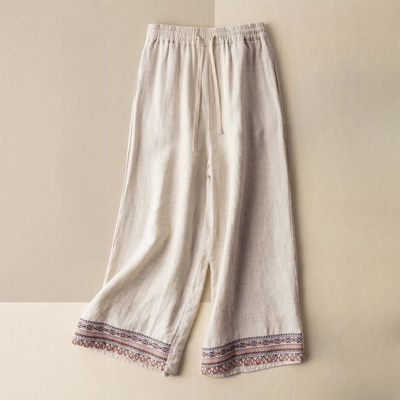 Buddha Stones Casual Embroidery Bohemian Pattern Drawstring Women's Wide Leg Pants With Pockets - Beige - US12,UK/AU16,EU44 (XL) - image 0