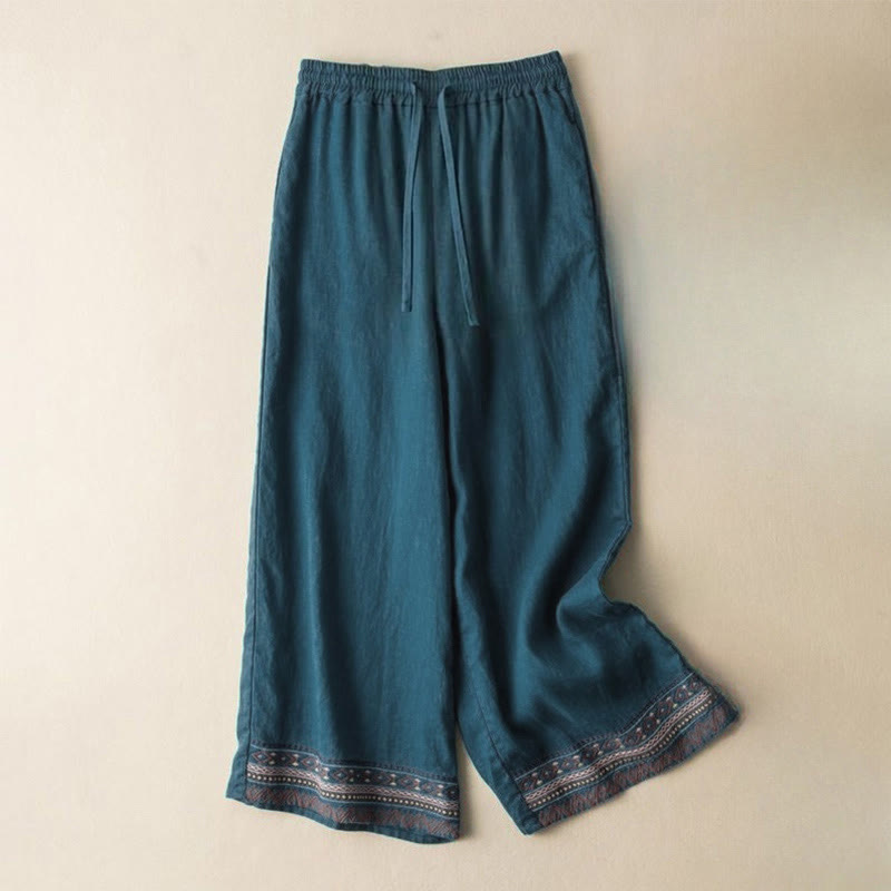 Buddha Stones Casual Embroidery Bohemian Pattern Drawstring Women's Wide Leg Pants With Pockets - LightSeaGreen - US12,UK/AU16,EU44 (XL) - image 5
