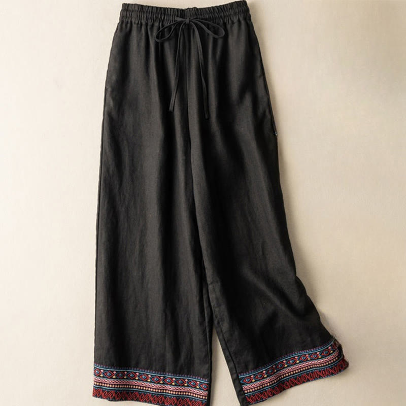 Buddha Stones Casual Embroidery Bohemian Pattern Drawstring Women's Wide Leg Pants With Pockets - Black - US12,UK/AU16,EU44 (XL) - image 8