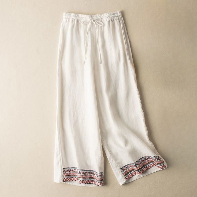 Buddha Stones Casual Embroidery Bohemian Pattern Drawstring Women's Wide Leg Pants With Pockets - OldLace - US12,UK/AU16,EU44 (XL) - image 10