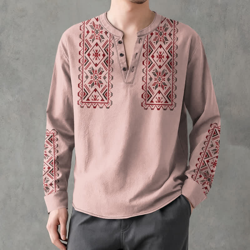 Buddha Stones Cotton Tribal Geometric Pattern V-Neck Buttons Men's Long Sleeve Shirts - LightPink - US/UK/AU48,EU58 (4XL) - image 0