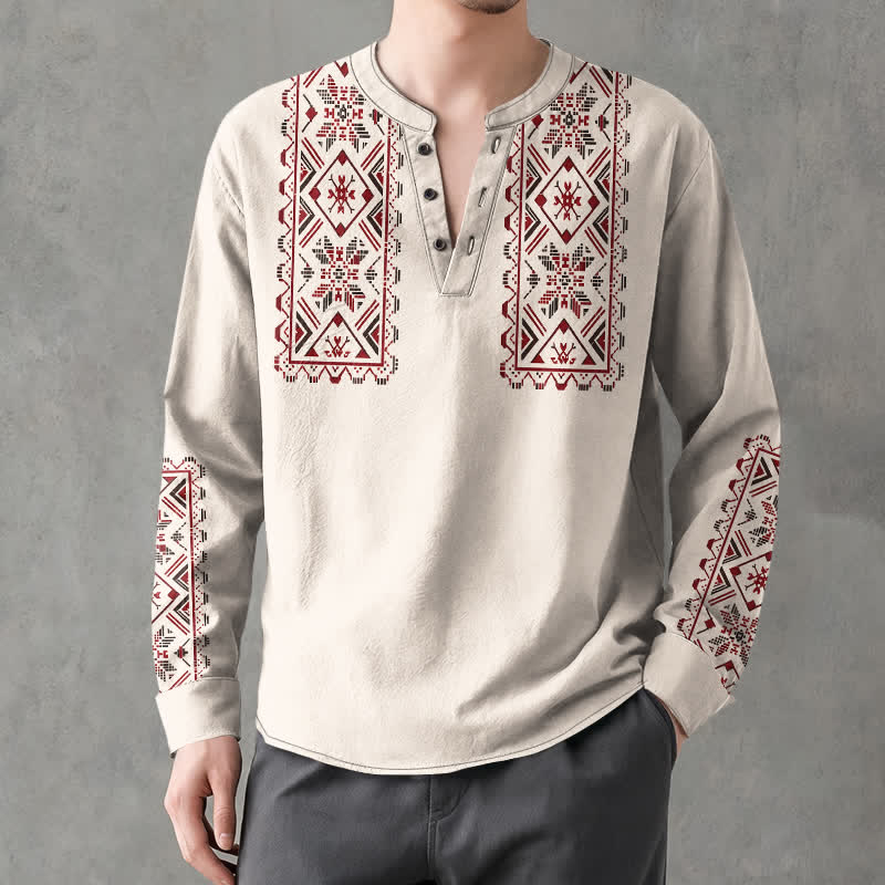 Buddha Stones Cotton Tribal Geometric Pattern V-Neck Buttons Men's Long Sleeve Shirts - Linen - US/UK/AU48,EU58 (4XL) - image 7