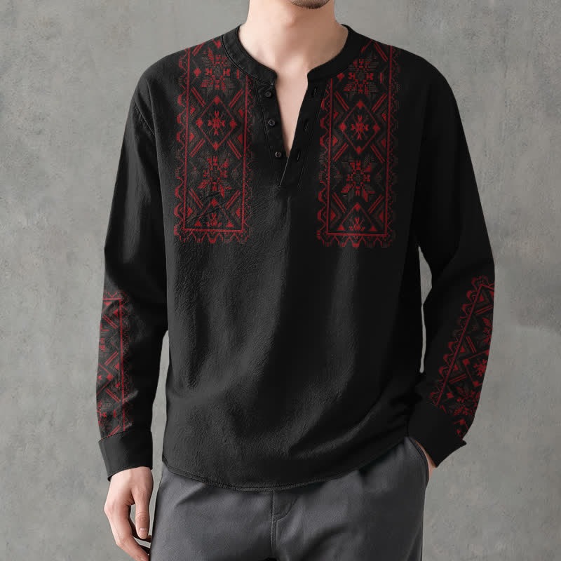 Buddha Stones Cotton Tribal Geometric Pattern V-Neck Buttons Men's Long Sleeve Shirts - Black - US/UK/AU48,EU58 (4XL) - image 14