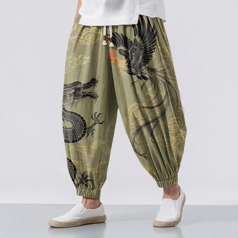 Buddha Stones Pure Cotton Dragon Phoenix Cloud Pattern Drawstring Men's Harem Pants With Pockets - Olive - US/UK/AU50,EU60 (5XL) - image 0