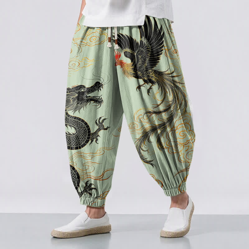 Buddha Stones Pure Cotton Dragon Phoenix Cloud Pattern Drawstring Men's Harem Pants With Pockets - MintCream - US/UK/AU50,EU60 (5XL) - image 6