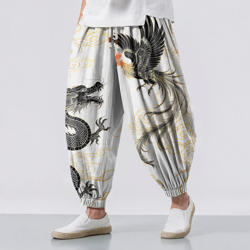 Buddha Stones Pure Cotton Dragon Phoenix Cloud Pattern Drawstring Men's Harem Pants With Pockets - WhiteSmoke - US/UK/AU50,EU60 (5XL) - image 12