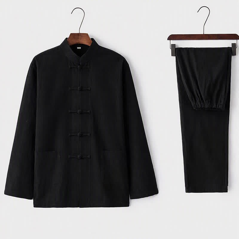Buddha Stones 2Pcs Tang Suit Traditional Frog-Button Uniform Long Sleeve Shirt Pants Men's Set - Black - US/UK/AU44,EU54 (5XL) - image 3