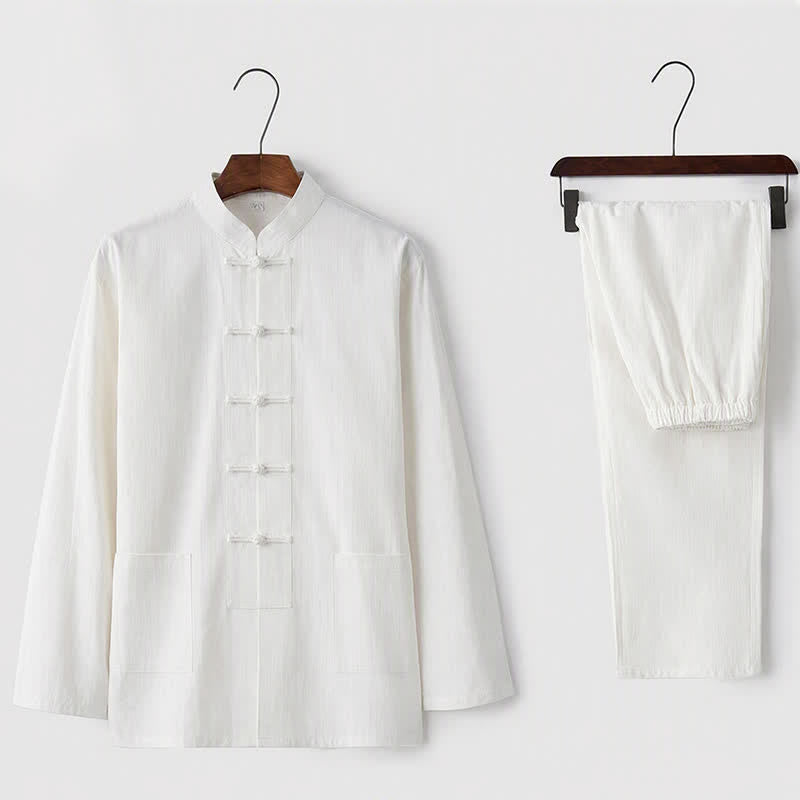 Buddha Stones 2Pcs Tang Suit Traditional Frog-Button Uniform Long Sleeve Shirt Pants Men's Set - White - US/UK/AU44,EU54 (5XL) - image 1