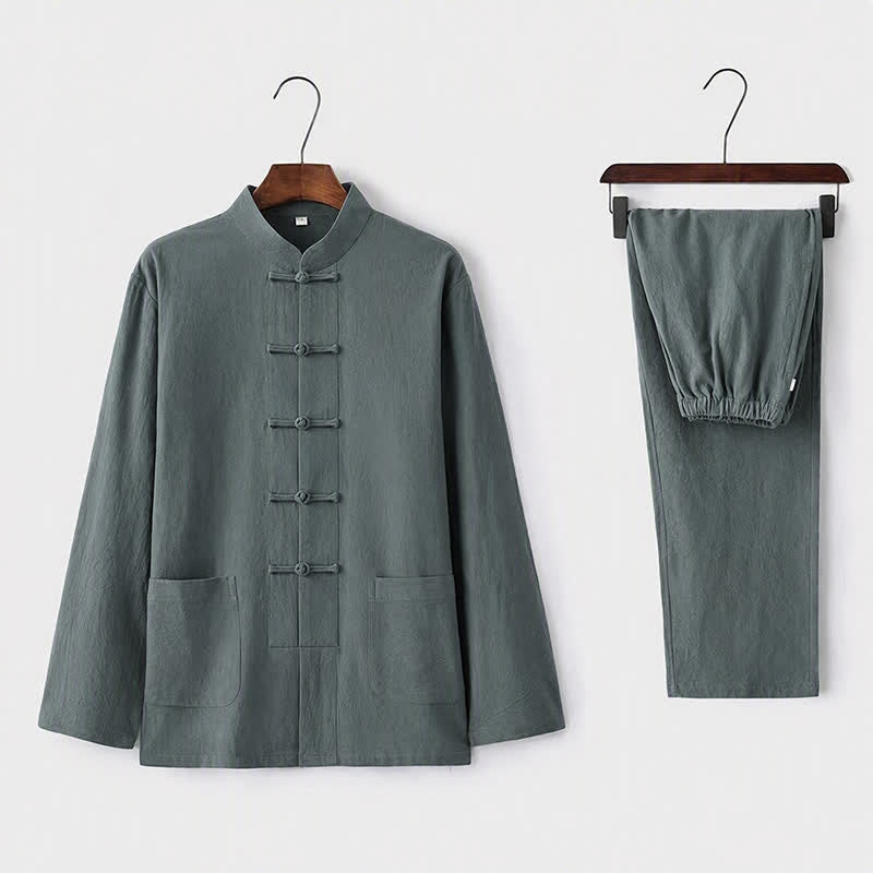 Buddha Stones 2Pcs Tang Suit Traditional Frog-Button Uniform Long Sleeve Shirt Pants Men's Set - CadetBlue - US/UK/AU44,EU54 (5XL) - image 4