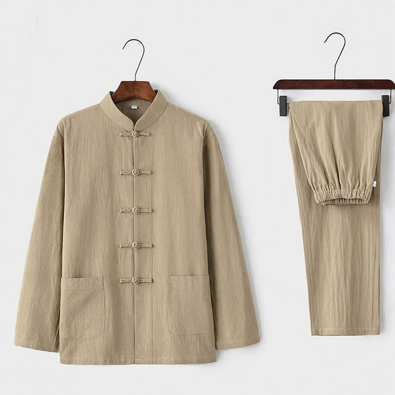 Buddha Stones 2Pcs Tang Suit Traditional Frog-Button Uniform Long Sleeve Shirt Pants Men's Set - Beige - US/UK/AU44,EU54 (5XL) - image 0
