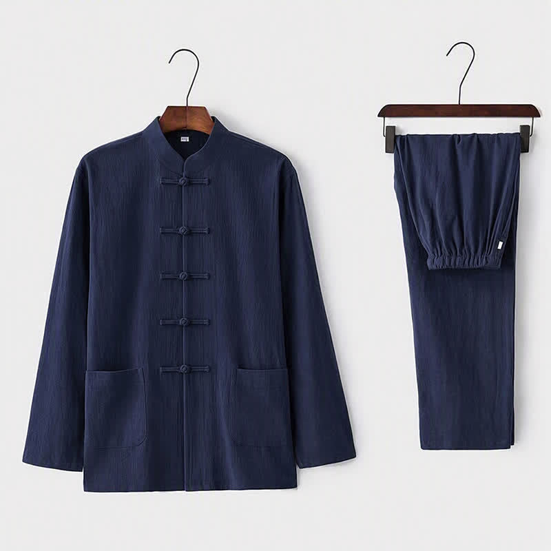 Buddha Stones 2Pcs Tang Suit Traditional Frog-Button Uniform Long Sleeve Shirt Pants Men's Set - Navy - US/UK/AU44,EU54 (5XL) - image 11