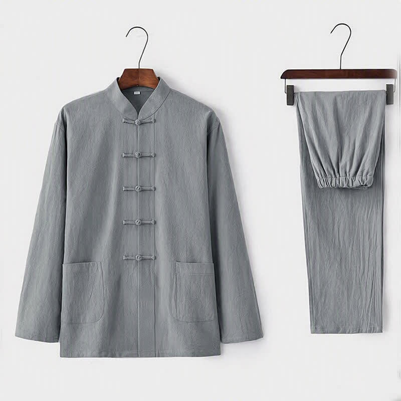 Buddha Stones 2Pcs Tang Suit Traditional Frog-Button Uniform Long Sleeve Shirt Pants Men's Set - Gainsboro - US/UK/AU44,EU54 (5XL) - image 2