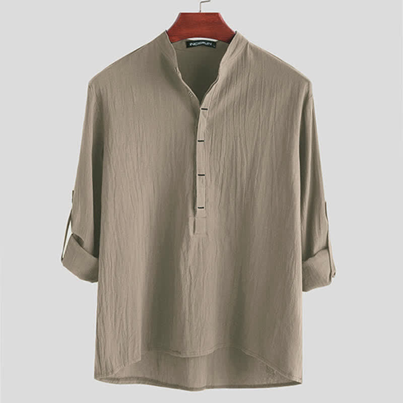 Buddha Stones Solid Color Half Buttons Long Sleeve Cotton Men's Shirts - Tan - US/UK/AU42,EU52 (3XL) - image 6