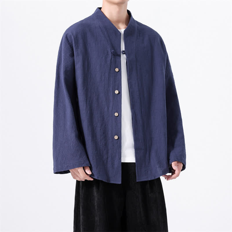 Buddha Stones Fall Minimalist Tang Style Mandarin Collar Solid Cotton Men's Long Sleeve Shirts - Navy - US/UK/AU46,EU56 (5XL) - image 0