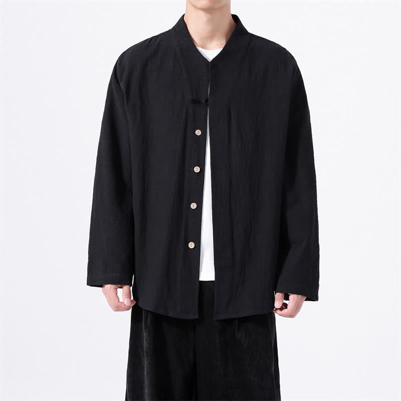 Buddha Stones Fall Minimalist Tang Style Mandarin Collar Solid Cotton Men's Long Sleeve Shirts - Black - US/UK/AU46,EU56 (5XL) - image 8