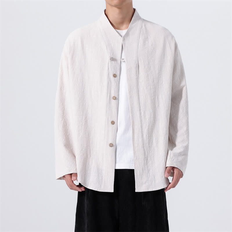 Buddha Stones Fall Minimalist Tang Style Mandarin Collar Solid Cotton Men's Long Sleeve Shirts - Linen - US/UK/AU46,EU56 (5XL) - image 15