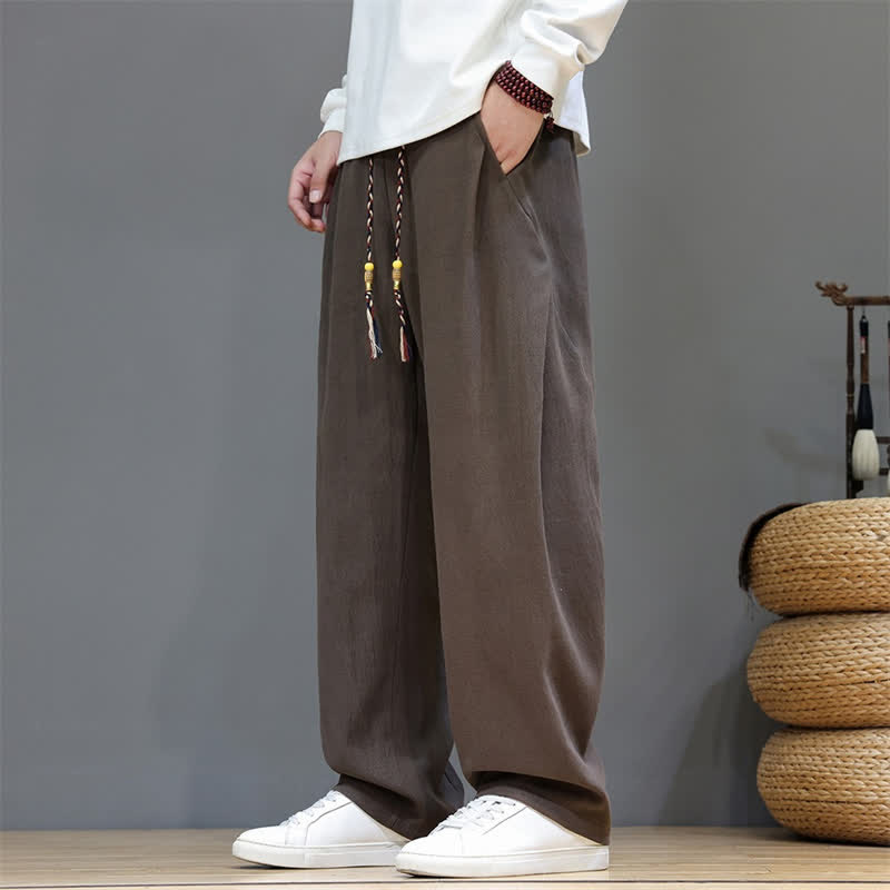 Buddha Stones Fall Winter Casual Drawstring Solid Long Pants Men's Straight Leg Pants With Pockets - SaddleBrown - US/UK/AU46,EU56 (5XL) - image 0