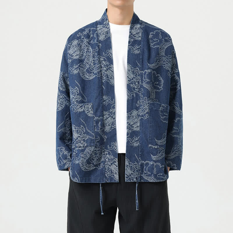 Buddha Stones Spring Vintage Drawstring Dragon Clouds Print Men's Kimono With Pockets - SteelBlue - US/UK/AU46,EU56 (3XL) - image 0
