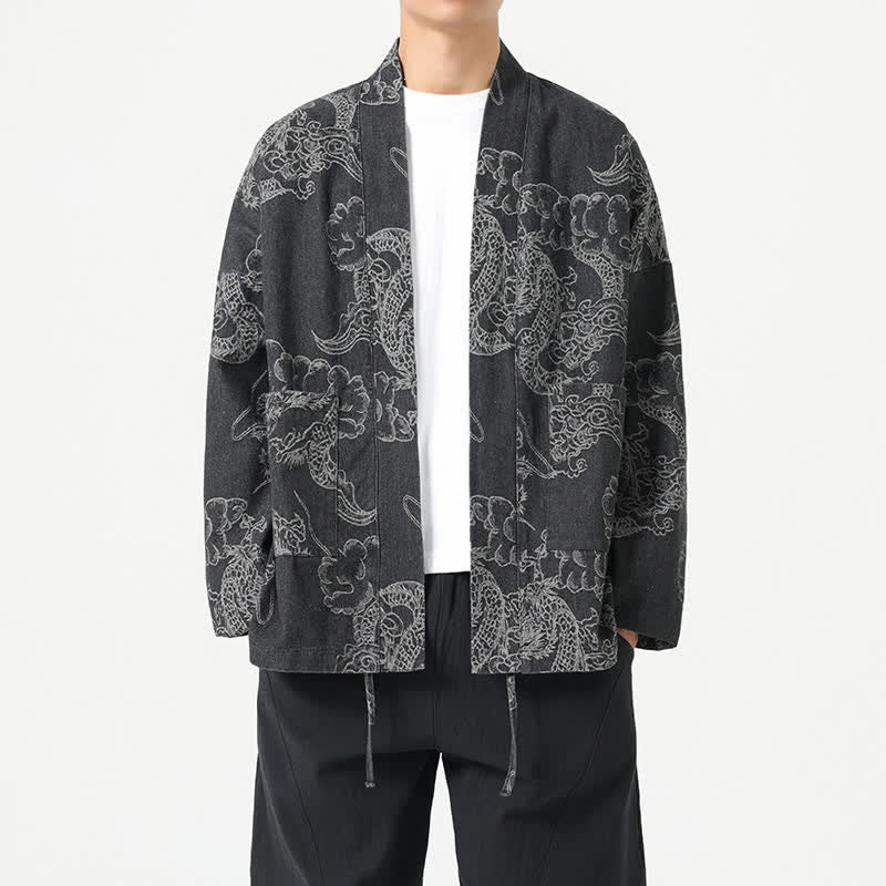 Buddha Stones Spring Vintage Drawstring Dragon Clouds Print Men's Kimono With Pockets - Black - US/UK/AU46,EU56 (3XL) - image 8