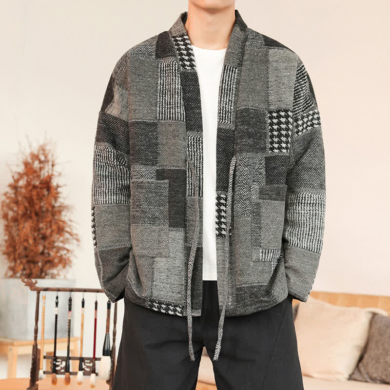 Buddha Stones Fall Winter Casual Vintage Drawstring Plaid Patchwork Men's Kimono With Pockets - DimGray - US/UK/AU42,EU52 (3XL) - image 8