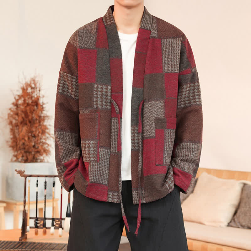 Buddha Stones Fall Winter Casual Vintage Drawstring Plaid Patchwork Men's Kimono With Pockets - Maroon - US/UK/AU42,EU52 (3XL) - image 20