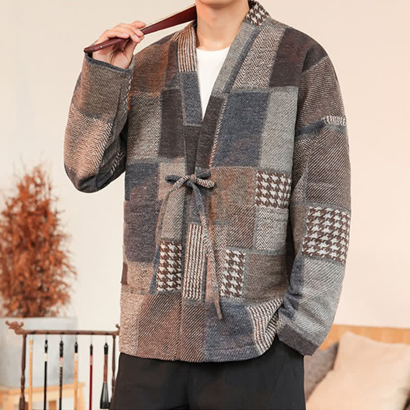 Buddha Stones Fall Winter Casual Vintage Drawstring Plaid Patchwork Men's Kimono With Pockets - Tan - US/UK/AU42,EU52 (3XL) - image 0