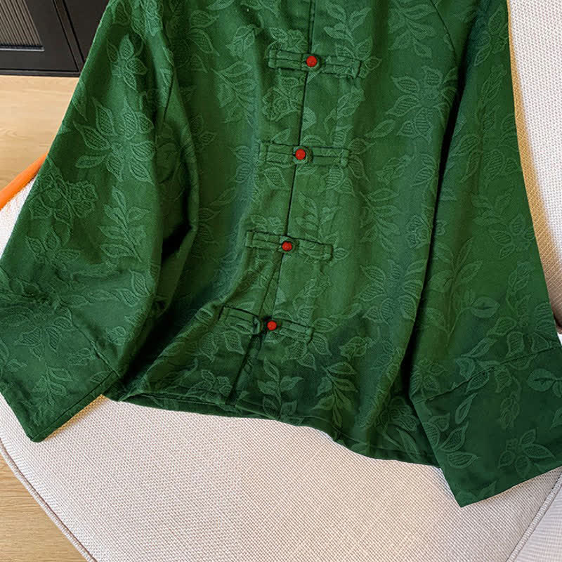 Buddha Stones Fall Vintage Tang Style Frog Button Floral Leaves Cotton Women's Long Sleeve Shirts - image 7