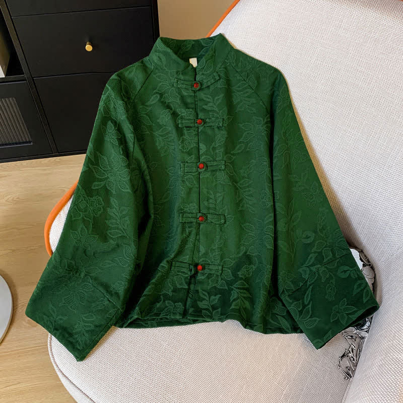 Buddha Stones Fall Vintage Tang Style Frog Button Floral Leaves Cotton Women's Long Sleeve Shirts - ForestGreen - US12, UK/AU16, EU44 (2XL) - image 0