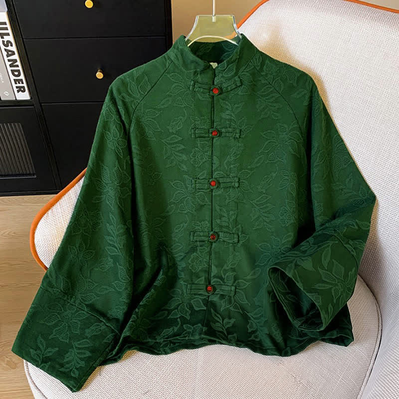 Buddha Stones Fall Vintage Tang Style Frog Button Floral Leaves Cotton Women's Long Sleeve Shirts - image 2
