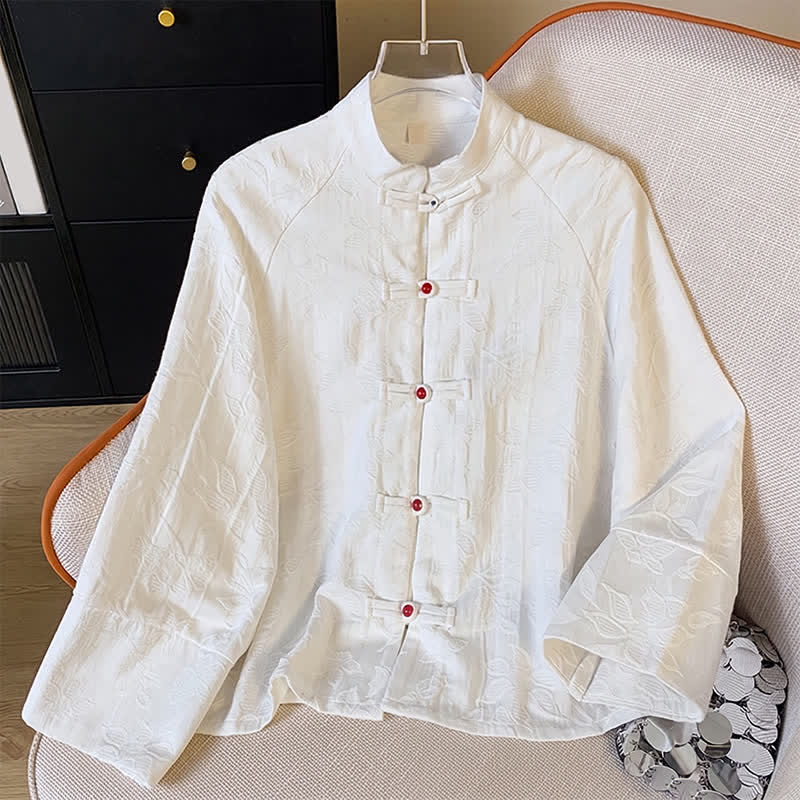 Buddha Stones Fall Vintage Tang Style Frog Button Floral Leaves Cotton Women's Long Sleeve Shirts - White - US12, UK/AU16, EU44 (2XL) - image 14