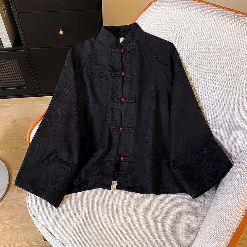 Buddha Stones Fall Vintage Tang Style Frog Button Floral Leaves Cotton Women's Long Sleeve Shirts - Black - US12, UK/AU16, EU44 (2XL) - image 9