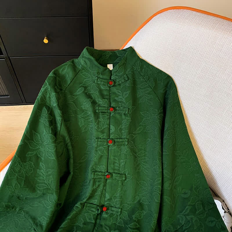 Buddha Stones Fall Vintage Tang Style Frog Button Floral Leaves Cotton Women's Long Sleeve Shirts - image 3