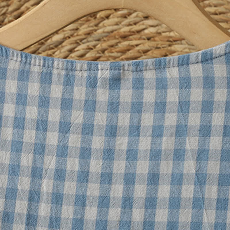 Buddha Stones Spring Fall Casual Vintage Blue and White Plaid Crew Neck Women's Long Sleeve Dress With Pockets - image 3