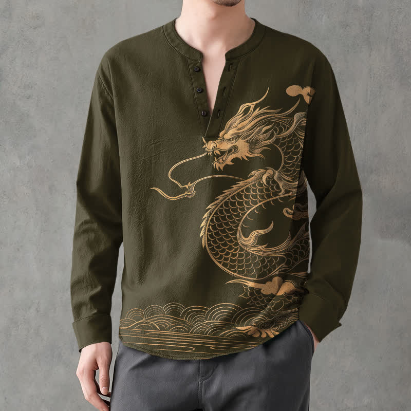 Buddha Stones Cotton Golden Dragon Wave Pattern V-Neck Buttons Men's Long Sleeve Shirts - DarkOliveGreen - US/UK/AU48,EU58 (4XL) - image 0