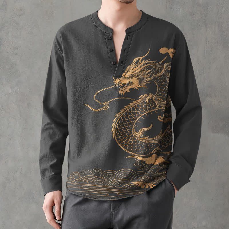 Buddha Stones Cotton Golden Dragon Wave Pattern V-Neck Buttons Men's Long Sleeve Shirts - DimGray - US/UK/AU48,EU58 (4XL) - image 7