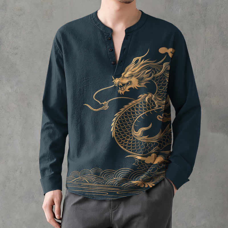 Buddha Stones Cotton Golden Dragon Wave Pattern V-Neck Buttons Men's Long Sleeve Shirts - Navy - US/UK/AU48,EU58 (4XL) - image 14