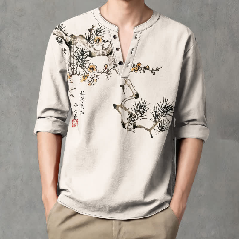 Buddha Stones Cotton Ink Pine Yellow Flowers Pattern V-Neck Buttons Men's Long Sleeve Shirts - Linen - US/UK/AU48,EU58 (4XL) - image 0
