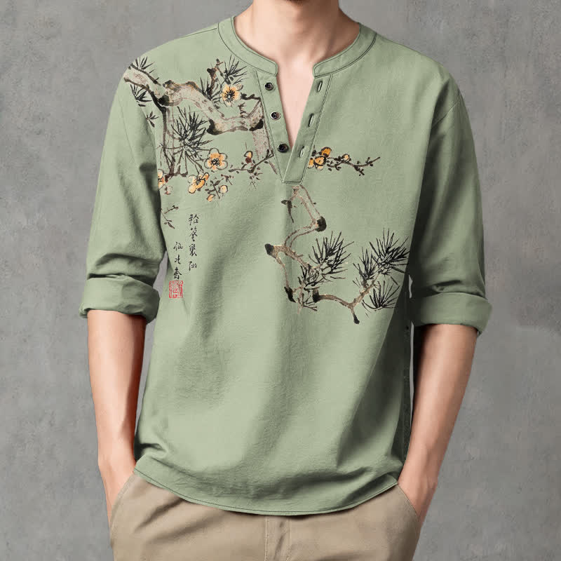 Buddha Stones Cotton Ink Pine Yellow Flowers Pattern V-Neck Buttons Men's Long Sleeve Shirts - DarkSeaGreen - US/UK/AU48,EU58 (4XL) - image 7