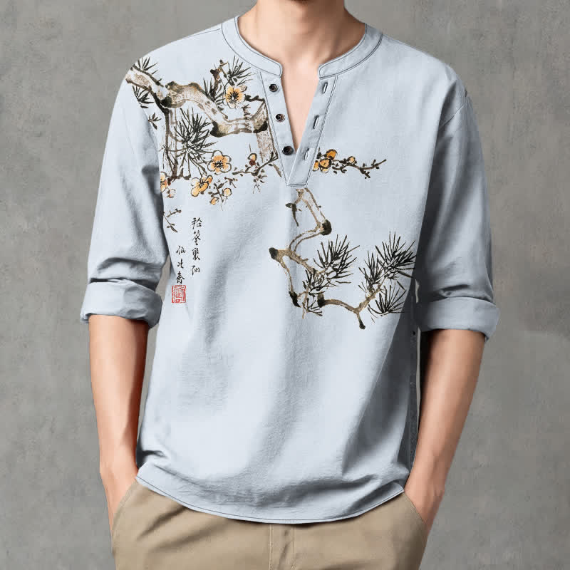 Buddha Stones Cotton Ink Pine Yellow Flowers Pattern V-Neck Buttons Men's Long Sleeve Shirts - LightBlue - US/UK/AU48,EU58 (4XL) - image 14