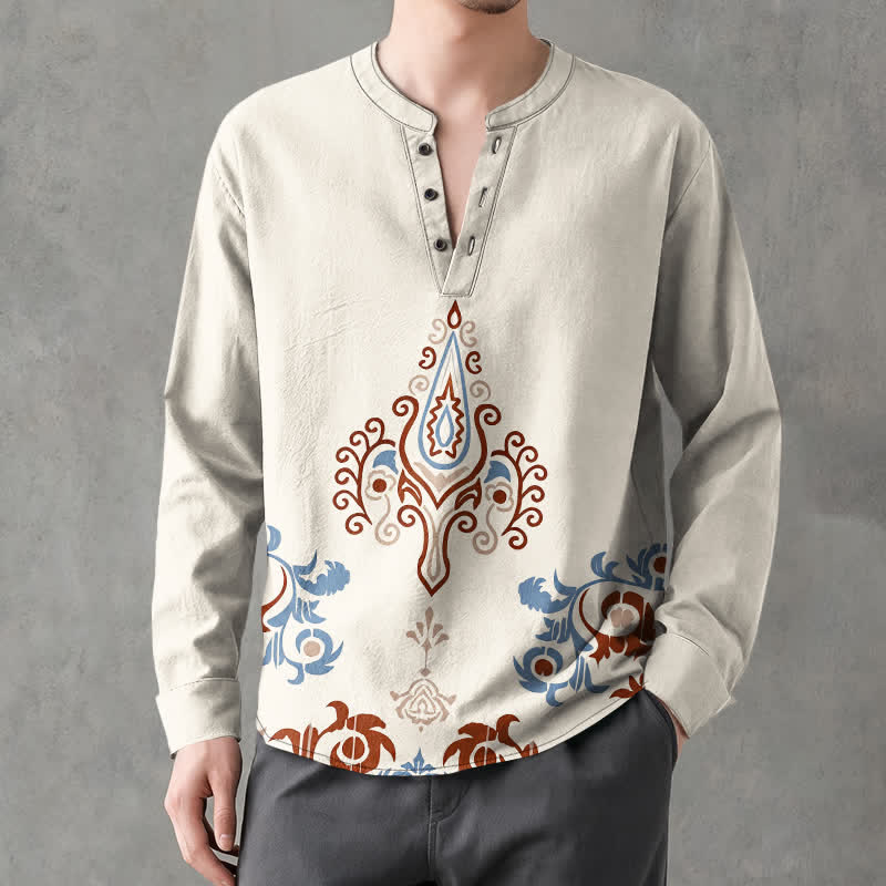 Buddha Stones Cotton Tribal Multicolored Geometric Pattern V-Neck Buttons Men's Long Sleeve Shirts - Linen - US/UK/AU48,EU58 (4XL) - image 0