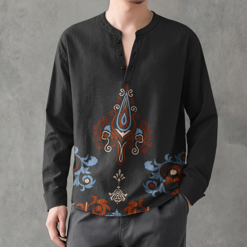 Buddha Stones Cotton Tribal Multicolored Geometric Pattern V-Neck Buttons Men's Long Sleeve Shirts - Black - US/UK/AU48,EU58 (4XL) - image 7