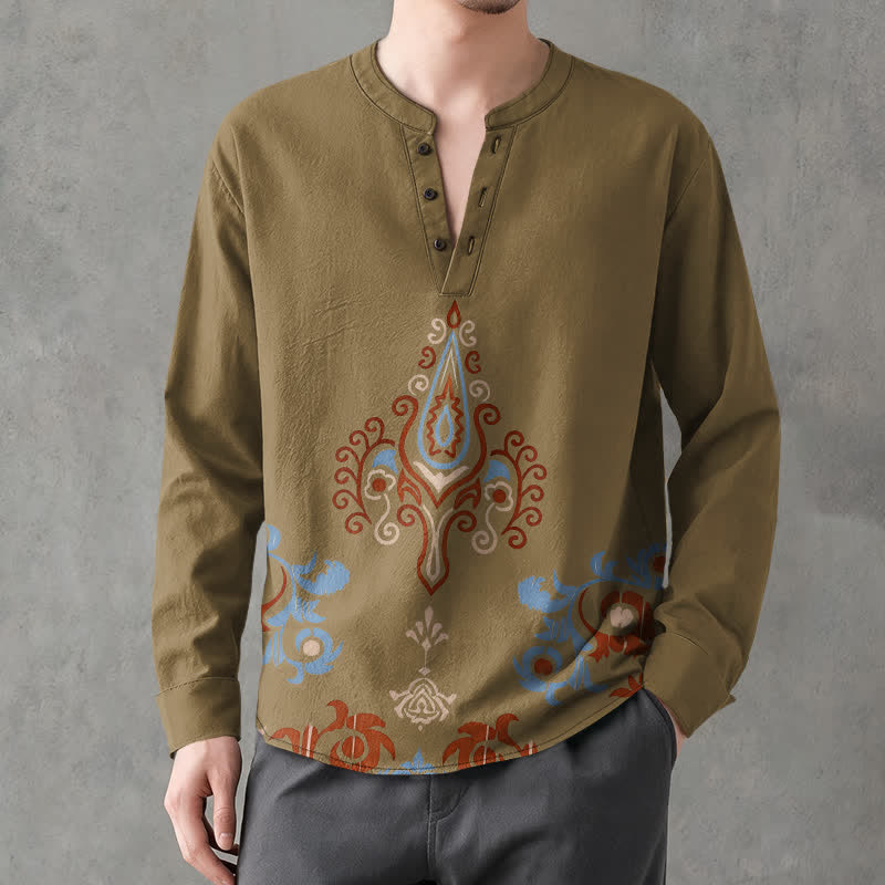 Buddha Stones Cotton Tribal Multicolored Geometric Pattern V-Neck Buttons Men's Long Sleeve Shirts - Olive - US/UK/AU48,EU58 (4XL) - image 14