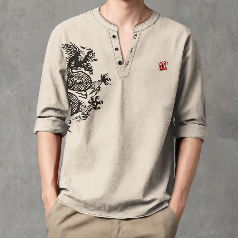 Buddha Stones Cotton Dragon Seal Pattern V-Neck Buttons Men's Long Sleeve Shirts - Beige - US/UK/AU48,EU58 (4XL) - image 0